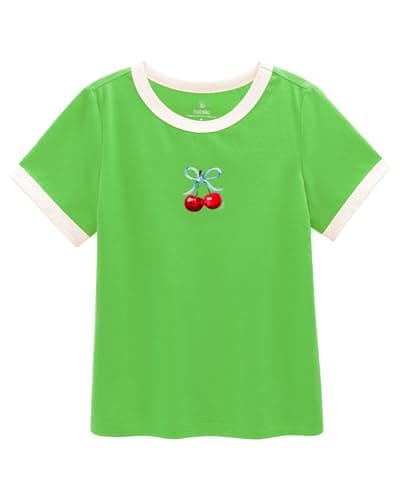 Stelle Girls Graphic Tees Short Sleeve Girls Shirts Cute Tops Crew Neck Casual Basic Summer T-Shirt for Kids Teen 4-5 Years(Very Cherry|Green,XS) - Image 1