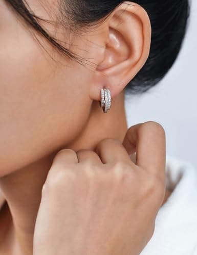 IMOLOVE Moissanite Hoop Earrings for Women, 0.7 Carat Trendy Triple Hoop Huggies Sterling Silver Fashion Hypoallergenic Hoop Earrings with 18K White Gold Plated - Thumbnail 6