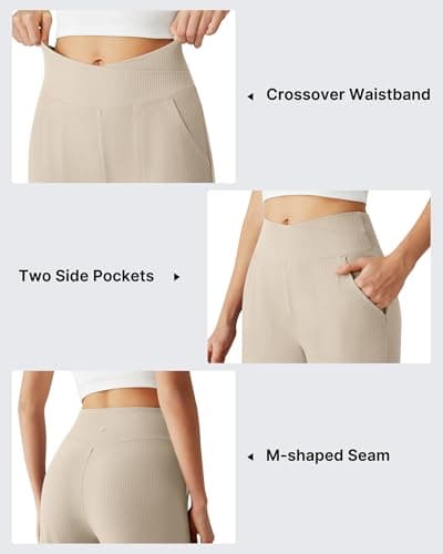 G4Free Women's Wide Leg Pants Ankle Length Wide Leg Trousers Crossover Waistband Stretch Workout Pants with Pockets Breathable(Light Khaki,L,Regular) - Thumbnail 4