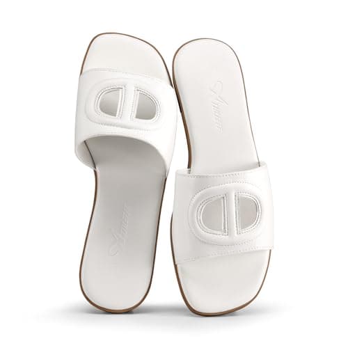 Athlefit White Flat Sandals for Women Square Open Toe Comfortable Slip On Beach Summer Slide Sandals Size 7.5 - Image 1