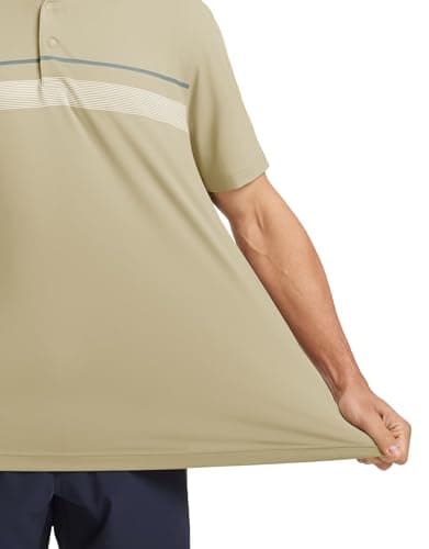 M MAELREG Mens Polo Shirts Short Sleeve Casual Performance Lightweight Striped Print Business Collared Golf Shirts Dark Khaki - Thumbnail 6
