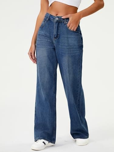 HDLTE Women's High Waist Baggy Boyfriend Jeans - Wide Leg Loose Denim Pants with Pockets(Dark Blue,X-Small) - Thumbnail 3