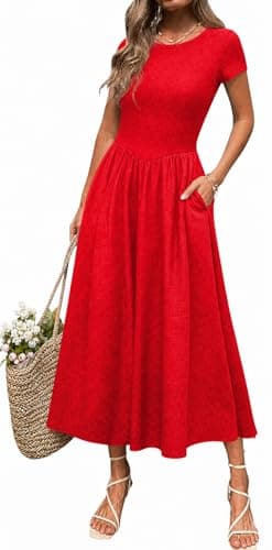 materasu Women Short Sleeve Textured Midi Dress with Pocket High Waist A Line Casual Dress - Image 1