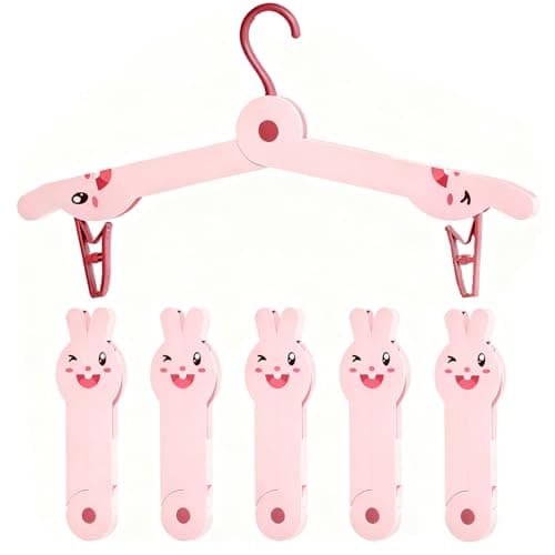 5-PCS Cute Bunny Shape Folding Clothes Hanger, Plastic Foldable Hanger for Travel, Space-Saving Closet Organizer for Adults, Portable Rabbit Design Hangers for Laundry and Wardrobe Storage