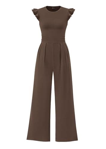 PRETTYGARDEN Summer Jumpsuits for Women Dressy 2026 Fashion Ruffle Cap Sleeve Romper Crew Neck Rib Knit One Piece Outfits (Dark Brown,XX-Large) - Image 1