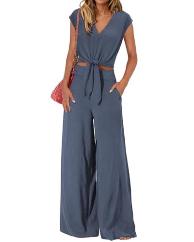 PRETTYGARDEN Women's Summer 2 Piece Outfits 2025 Cap Sleeve V Neck Belted Crop Tops Wide Leg Pant Sets Casual Tracksuit(Solid Grey Blue,X-Large) - Image 1