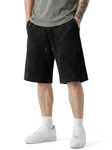 JMIERR Men's Bermuda Shorts Acid Washed Vintage Cotton Baggy Loose Fit Elastic Waist Drawstring Athletic Basic Sweat Shorts for Gym Training, Black, X-Large - Image 1