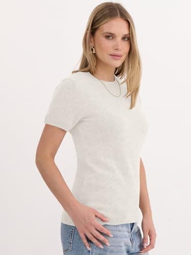 ANRABESS Womens 100% Wool Sweater, Office Work Sweaters, Soft Lightweight for Summer Spring, Short Sleeve Business Casual Top Beige X-Large - Thumbnail 3