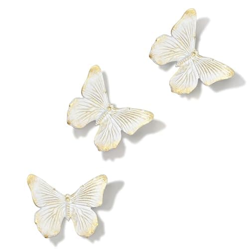 GUSFREUD 3D Butterfly Wall Decor Set – Resin Wall Decorations for Living Room, Bedroom, Garden, Yard, Outdoor and Gallery Walls - Ivory Gold - Set of 3 - Image 1