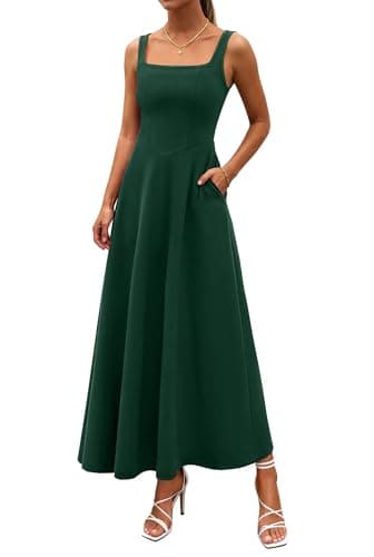 PRETTYGARDEN Womens Summer Dresses 2026 Sleeveless Elegant Square Neck Aline Swing Maxi Beach Wedding Guest Dress Pockets (Dark Green,Large) - Image 1