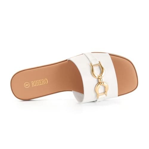 Rihero Flat Sandals for Women Dressy Square Peep Toe Summer Slides Comfortable Slip On Leather White Sandals Size 6 - Thumbnail 4