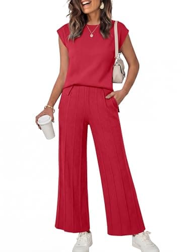 ANRABESS Women 2 Piece Lounge Sets Summer Casual Knit Sweater Vest Pant Set Beach Vacation Airport Clothes 2025 Fall Outfits Red Large