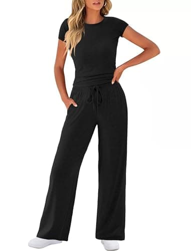 COPYLEAF Two Piece Lounge Sets for Women Wide Leg Drawstring Sweatpants Crop Top Matching Travel Outfits - Image 1