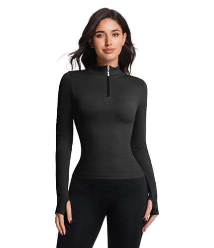 YOAKUKA Women's Long Sleeve Workout Tops Quarter Zip Pullover Workout Shirt Quick Dry Athletic Tops with Thumb Holes Black - Thumbnail 4