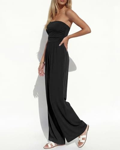 BTFBM Jumpsuits For Women Summer 2026 Beach Vacation Strapless Tube Top Jumpsuit Ruched Casual Wide Leg Pant Rompers(Black, Large) - Thumbnail 4