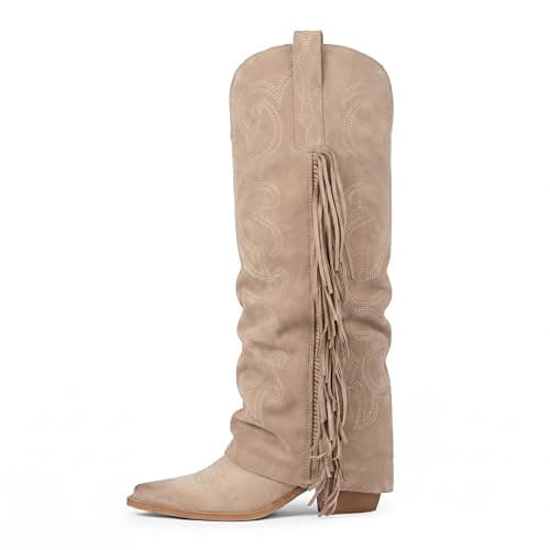 QIY Suede Beige Fold Over Knee High Boots for Women Cowboy Boots Cowgirl Western Pointy Toe Chunky Block High Heel Tall Light Brown Boot with Fringe Classic Embroidery Shark Boot with Tassels Size 6 - Image 1