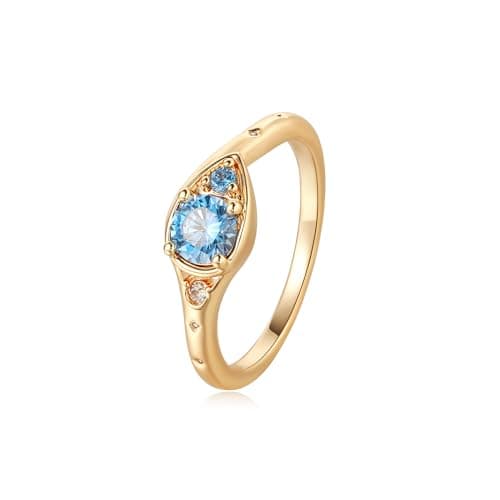 Valloey Rover Gold Rings for Women 14K Gold Plated Dainty Engagement Rings Fake Wedding Bands Ring for Women Simple Blue CZ Rings Gold Jewelry Trendy Size 8