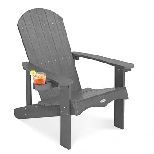Y&M Adirondack Chair, Dark Grey Fire Pit Chairs, Outdoor Patio Chairs with Cup Holder, Weather Resistant HDPE Wooden Textured Patio Chairs, Perfect for Garden, Lawn, Deck, or Poolside