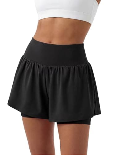 Stelle Women 2 in 1 Running Shorts Flowy Athletic Short High Waisted Workout Tennis Gym Short with Liner Pockets (Black, XXL) - Image 1