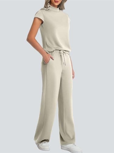 Casly Lamiit 2 Piece Sets for Women Summer 2026 Lounge Travel Vacation Outfits Cap Sleeve Tops Drawstring Wide Leg Pant Sets with Pockets Dark Beige L - Thumbnail 4