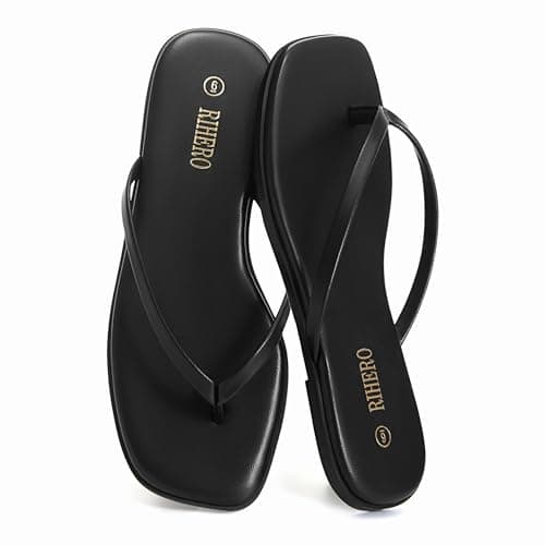 Rihero Black Flip Flops for Women Beach Thong Sandals Summer Comfort Slip On Walking Leather Slide Sandals Size 7.5 - Thumbnail 4