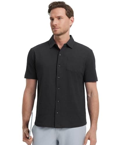 M MAELREG Button Down Shirt Men Stretch Cool Comfortable Pique Cotton Blend Plain Mens Button Up Shirt Short Sleeve Black - Thumbnail 2