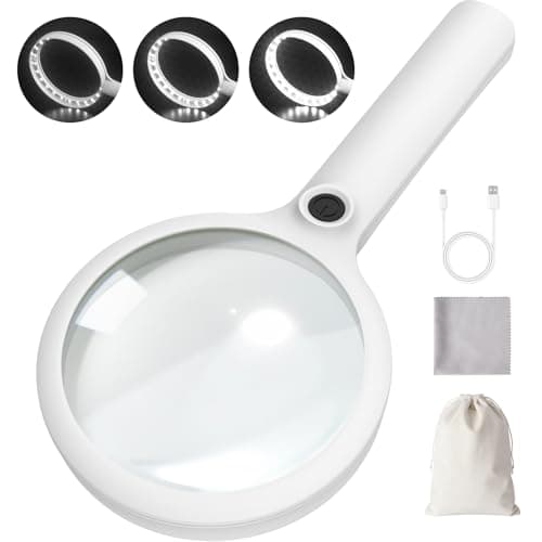 Keafont 5X Large Magnifying Glass with Light, Upgraded 4.33" Handheld Illuminated Lighted Magnifier with 3 Light Modes for Seniors Reading, Coins, Jewelry, Close Work, Kids Nature Exploration(White)