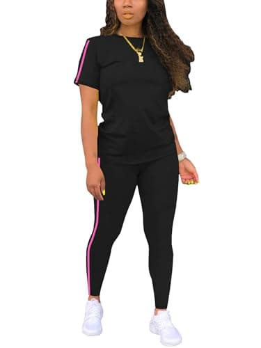 BNGPIKLY Women Summer Two Piece Outfits Striped Short Sleeve Pullover Long Pants Tracksuit Pajama Lounge Set BlackRose L