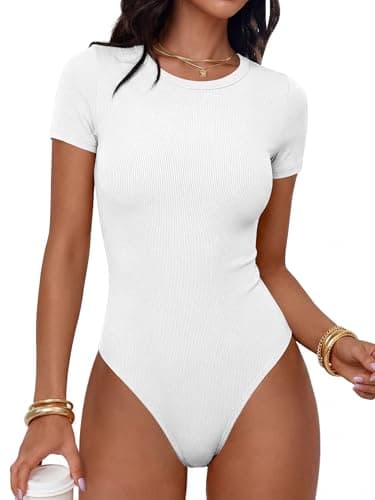 ANRABESS Women's Short Sleeve Bodysuit, Crew Neck Slim Fit Ribbed Knit Tops, Trendy 2026 Outfits, Versatile for Daily Wear White X-Small - Image 1