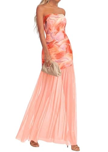 KIRUNDO Women's 2026 Summer Strapless Bodycon Floral Maxi Dress Mesh Mermaid Wedding Guest Cocktail Party Formal Dresses(Orange Multicolored, XX-Large) - Image 1