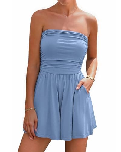 BTFBM Womens Romper Summer 2026 Strapless Tube Tops Beach Vacation Clothes Boho Loose Spring Shorts Jumpsuits Pockets(Blue, Medium) - Image 1