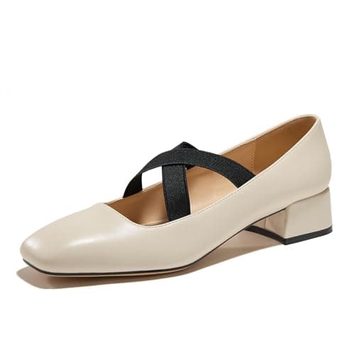 GotSoft Women's Mary Jane Chunky Low Heels Crossed Elastic Strap Pumps Closed Square Toe Dress Shoes, Beige, Size 8 - Image 1