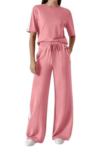 PRETTYGARDEN Women's 2 Piece Sets Summer Casual Short Sleeve Tops Wide Leg Pants Matching Lounge Set Vacation Travel Outfits (Pink,XL)