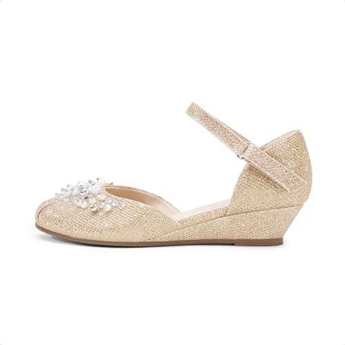 DREAM PAIRS Girls Dress Shoes, Glittering Low Wedge Heels with Pearls Rhinestones, Soft Cushioning, Hook-and-Loop Straps, Non-Slip Outsole, Party Formal Wear, Size 11 Little Kid,Gold-Glitter,SDFL2414K - Thumbnail 5
