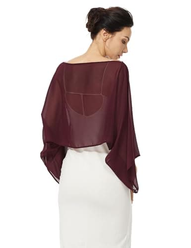 BEAUZSUZSANA Women Chiffon Bolero Cape Capelets with Arm Holes Shawls and Wraps for Evening Dress Bridal Wedding Party (Cabernet,L-XL) - Thumbnail 4