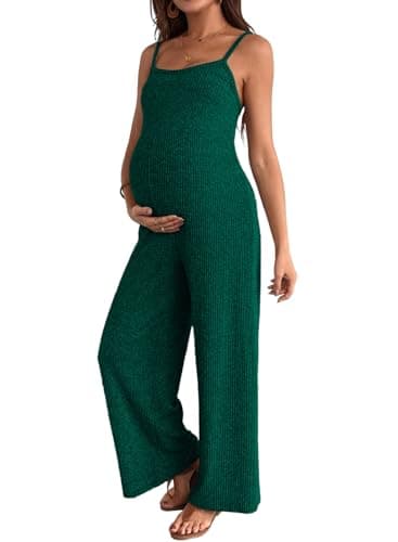 BLENCOT Womens Maternity Jumpsuit Casual Loose Ribbed Adjustable Strap Sleeveless Wide Leg Long Pants Romper Emerald Green X-Large - Image 1