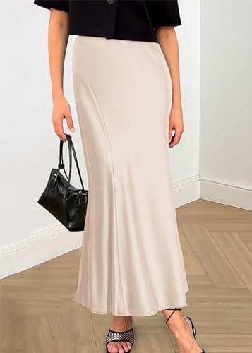 KIRUNDO Women Spring Summer Satin Maxi Skirt 2026 Trendy High Waisted Wedding Cocktail Party Work Silk A-Line Formal Skirts(Beige, Small) - Thumbnail 4
