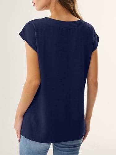 GKBK Women Tops Cap Sleeve Textured Dressy Casual V Neck Shirts 2026 Summer Business Work Blouses Outfits Navy Blue S - Thumbnail 3