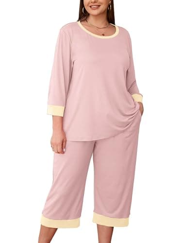 AusLook Women’s Plus Size Pajama Sets Light Pink 2X Soft 3/4 Sleeve Nightwear Top and Capri Pants Lounge Set with Pockets - Image 1