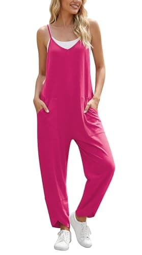 Jouica Casual Jumpsuits for Women V Neck Sleeveless Adjustable Spaghetti Straps Pockets Wrap Hem Summer Travel Vacation Beach Outfit,Rose,Large - Image 1