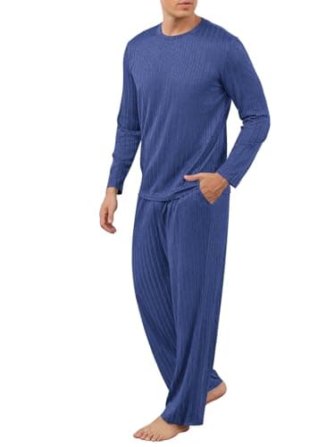 RQP Men's Pajama Sets Long Sleeve Crew Neck Lounge Set with Pockets,Dark Blue - Image 1