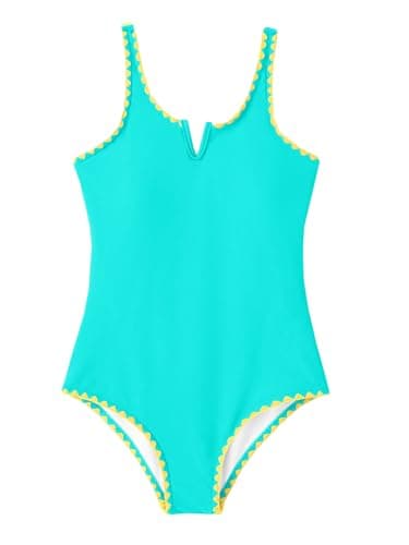 AMAWMW Girls Swimsuit One Piece Swimsuits Contrast Color V-Neck Bathing Suit Adjustable Straps Girls' Swimwear Cyan 11-12Y - Image 1