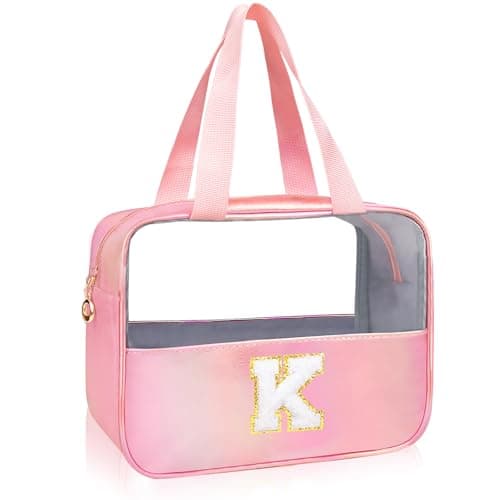 Personalized Initial Clear Makeup Bag Pink Cosmetic Bag Set Large Travel Toiletry Bag, Cute Clear Make Up Bags Organizer Bag for Girlfriend Teacher Gifts Teen Girl Gifts Trendy Stuff K (Pink)