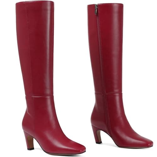 Tarkwa Kitten Heel Knee High Boots Women Square Toe Long Tall Boots Faux Leather Low Heel Boot Fashion Dress Casual Elastic Boots with Side Zipper(Red, Size 9.5) - Image 1