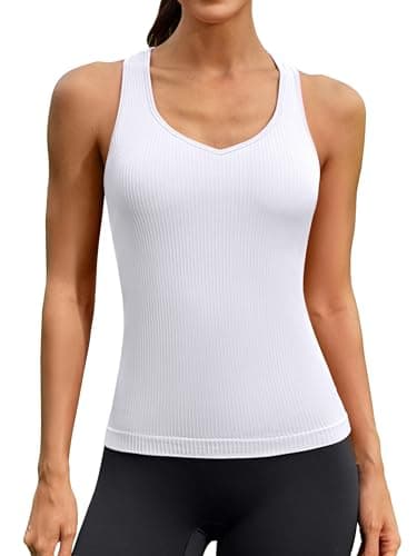 ATTRACO Ribflex Yoga Tops for Women Built in Bra Workout Tank Top Racerback Athletic Tank Padded White M - Image 1