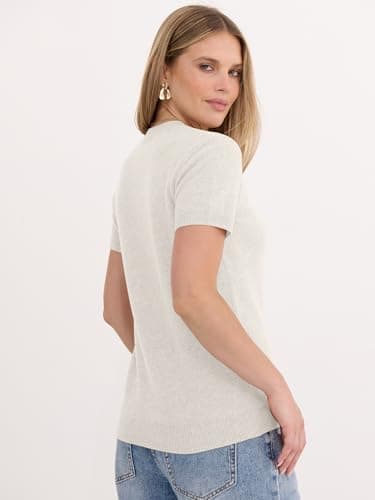 ANRABESS Womens 100% Wool Sweater, Office Work Sweaters, Soft Lightweight for Summer Spring, Short Sleeve Business Casual Top Beige X-Large - Thumbnail 5