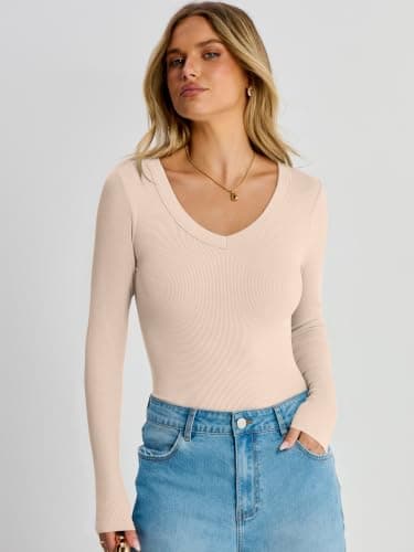 ANRABESS Women's V Neck Long Sleeve Bodysuits Tops Light Pink Large - Thumbnail 6