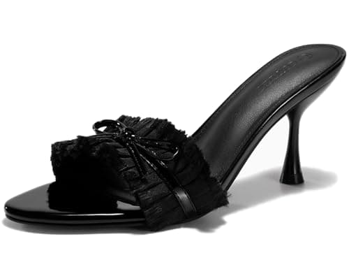 Coutgo Womens High Heels Mules Open Toe Bow Tie Sandals Ruffle Stiletto Slip on Prom Dress Shoes, Black, Size 7 - Image 1
