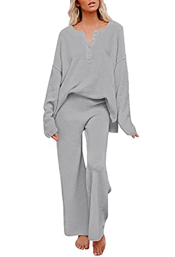 Pink Queen Women's 2 Piece Knit Outfit Set Long Sleeve Button Sweater Top and Wide Leg Pants Lounge Set Gray S - Image 1