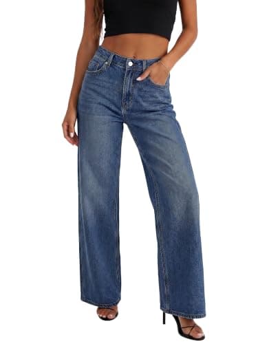 HDLTE Women's High Waist Baggy Boyfriend Jeans - Wide Leg Loose Denim Pants with Pockets(Dark Blue,Medium) - Image 1